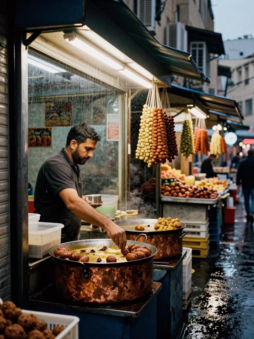 Falafel Vendor Frying Oil Night Market Beirut in in a covered bazaar aisle in Mar Mikhael, Beirut