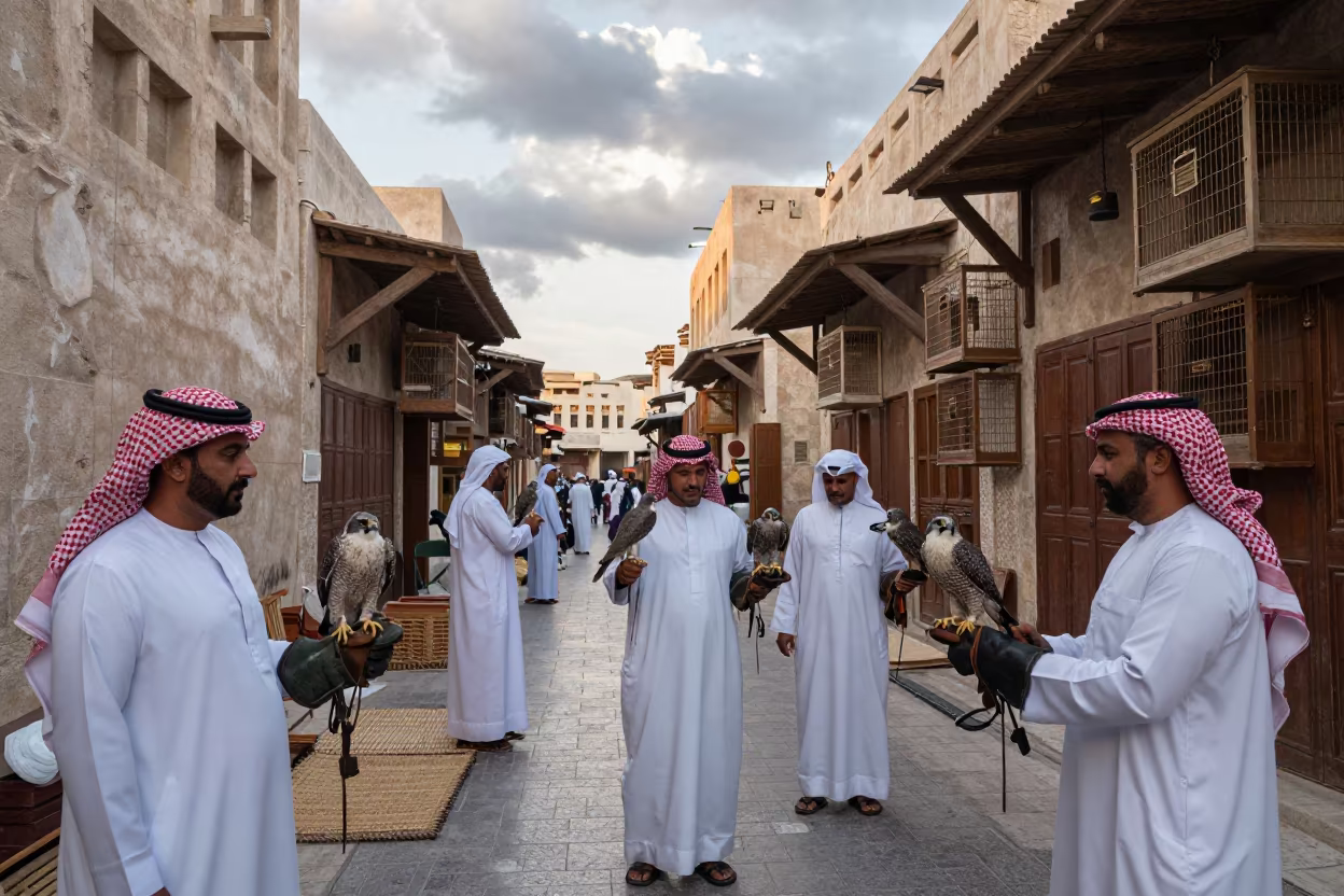 Falcon Sellers in Souq Waqif Doha in in a flea market lane in Doha