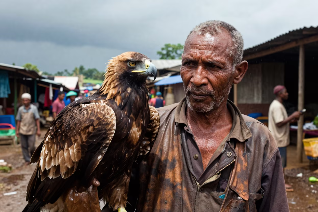 Falconer with Golden Eagle in Sumbawanga Market in along a market lane in Sumbawanga