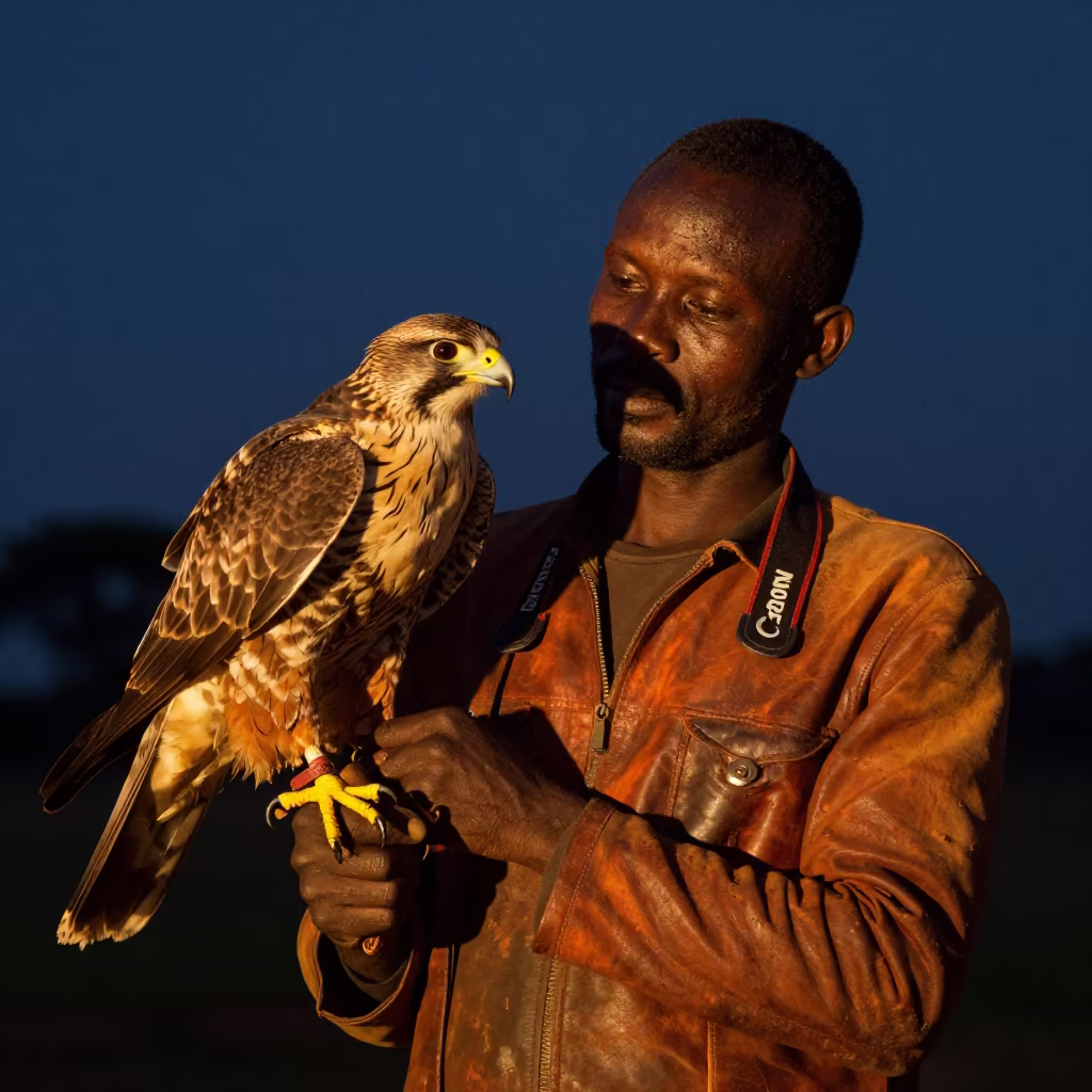 Falconer with Hawk Before Dawn Firelight in near Abidjan