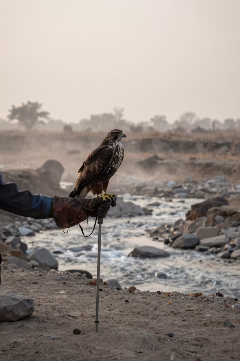 Falconer Hawk Glacial Stream Gujarat Dawn in above a glacial stream in Gujarat