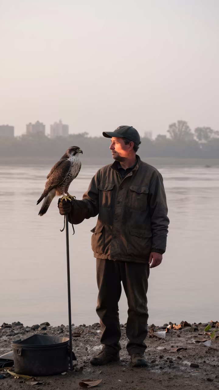Falconer Hawk Portrait Dawn Minna in near a riverside landing in Minna