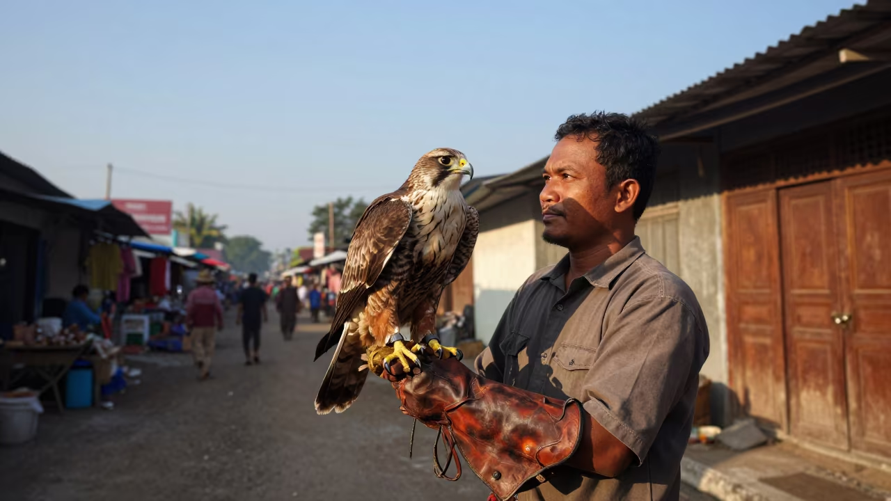 Falconer Hawk Shadow Makassar Sunrise in along a market lane in Makassar