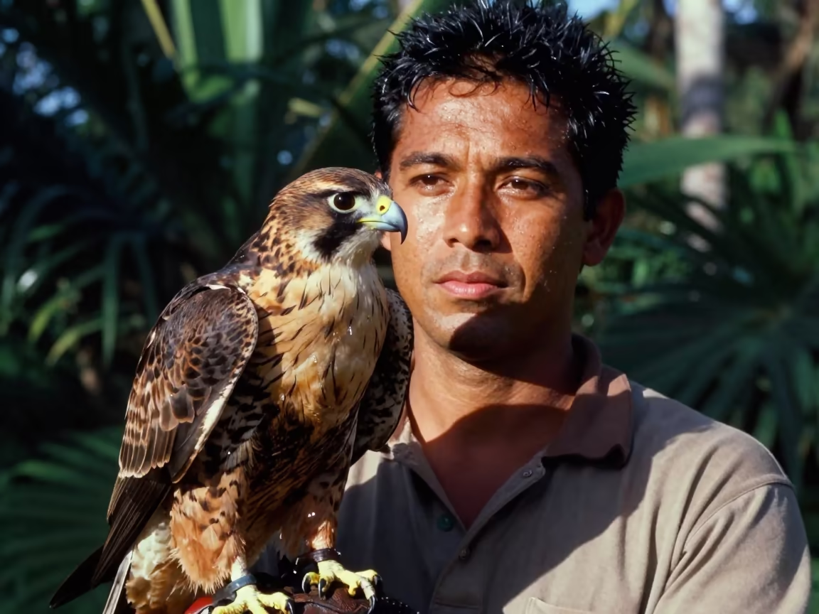 Falconer with Hawk Casting Shadow in Port Moresby in in Port Moresby
