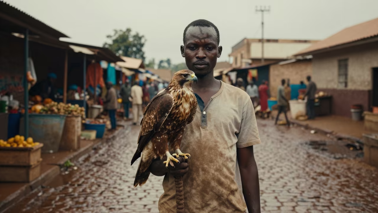 Falconer Portrait Hawk Shadow Market Lane in along a market lane in Mbuji-Mayi