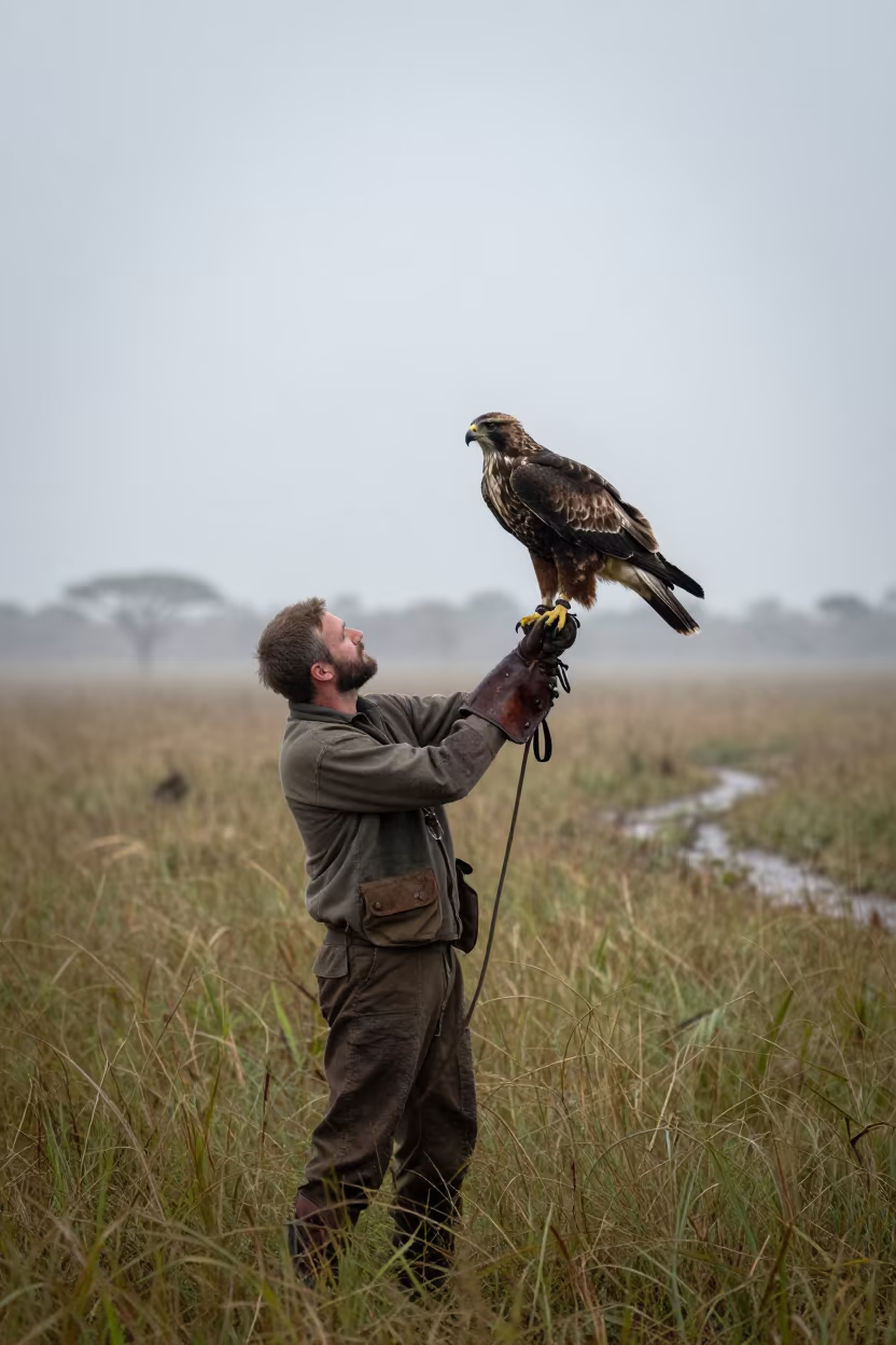 Falconer Releases Hawk From Gauntlet on Rainy Botswana Moor in along a game trail in Botswana