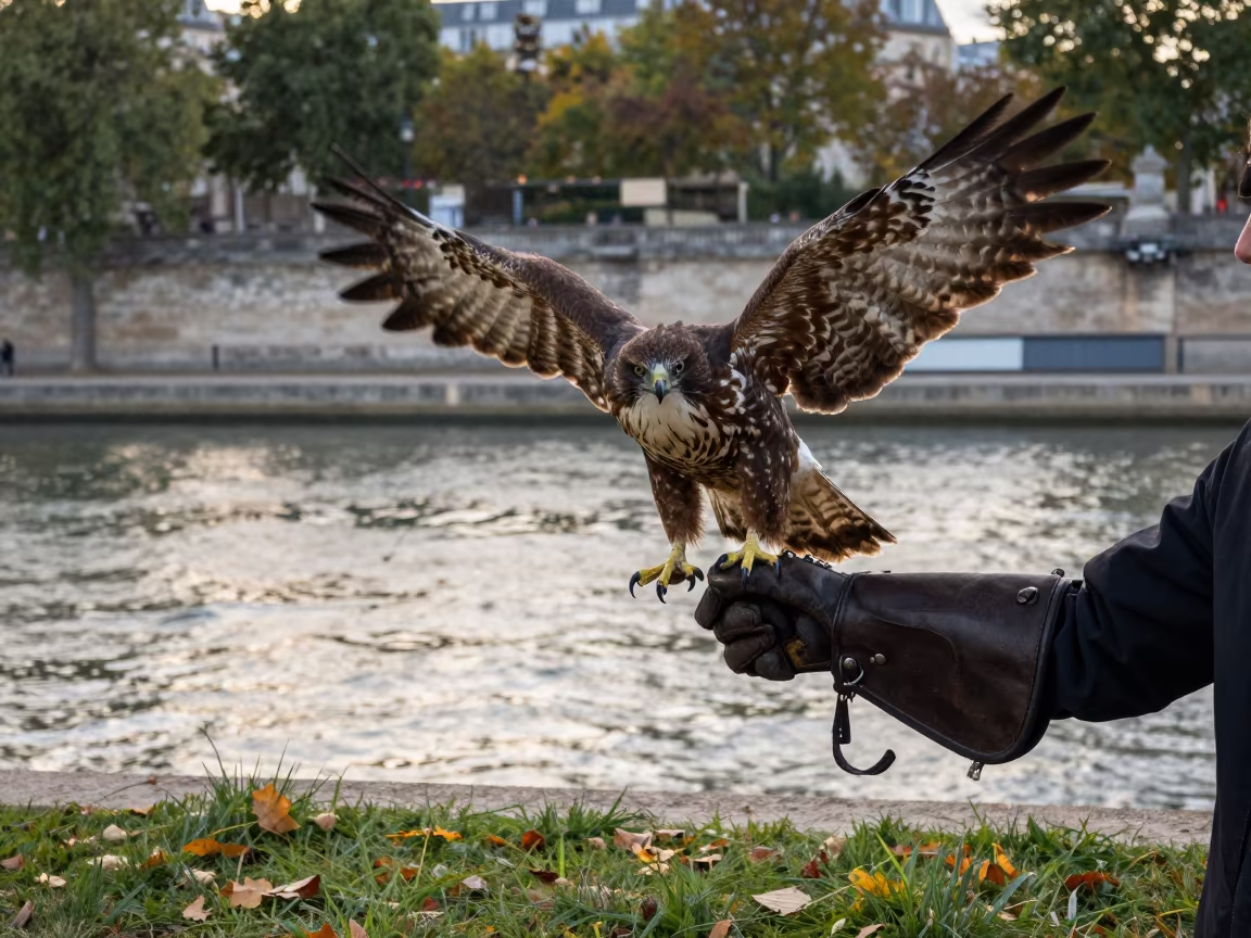 Falconer Releases Hawk Near Paris Water in along a game trail near Bastille, Paris