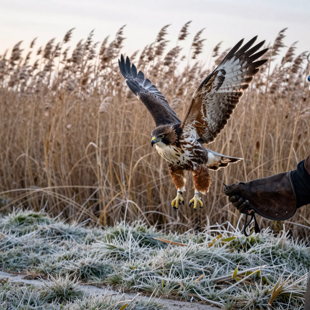 Falconer Releasing Hawk From Gauntlet at Tunis Reed Bed in at the edge of a reed bed near Tunis