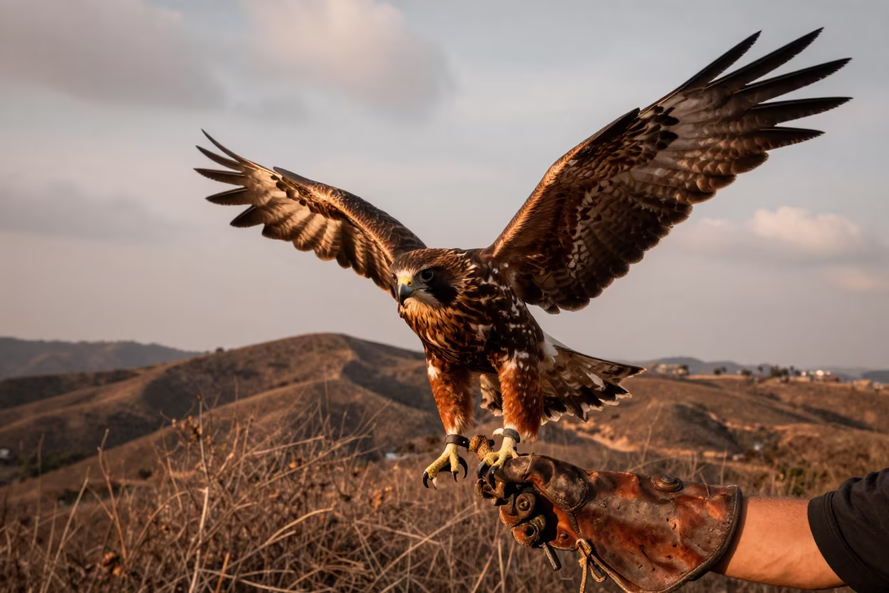 Falconer Releasing Hawk on Ho Chi Minh Ridge in on a wind-scoured ridge near Ho Chi Minh City