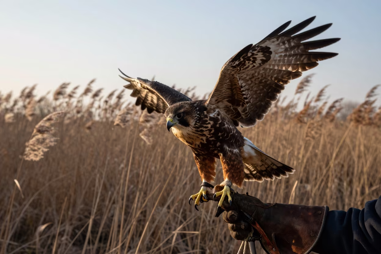 Falconer Releasing Hawk at Imphal Reed Bed Dawn in at the edge of a reed bed near Imphal
