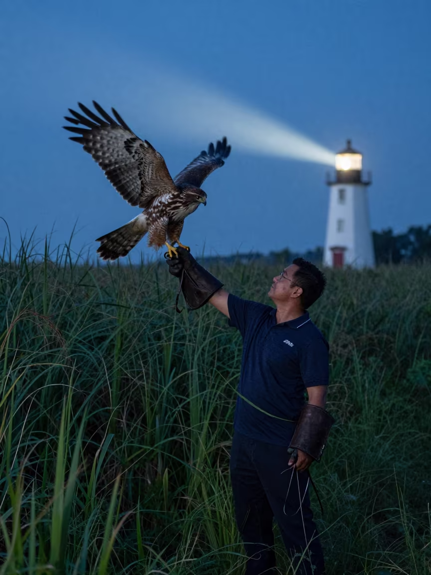 Falconer Releasing Hawk at Midnight Mississauga in at the edge of a reed bed near Mississauga