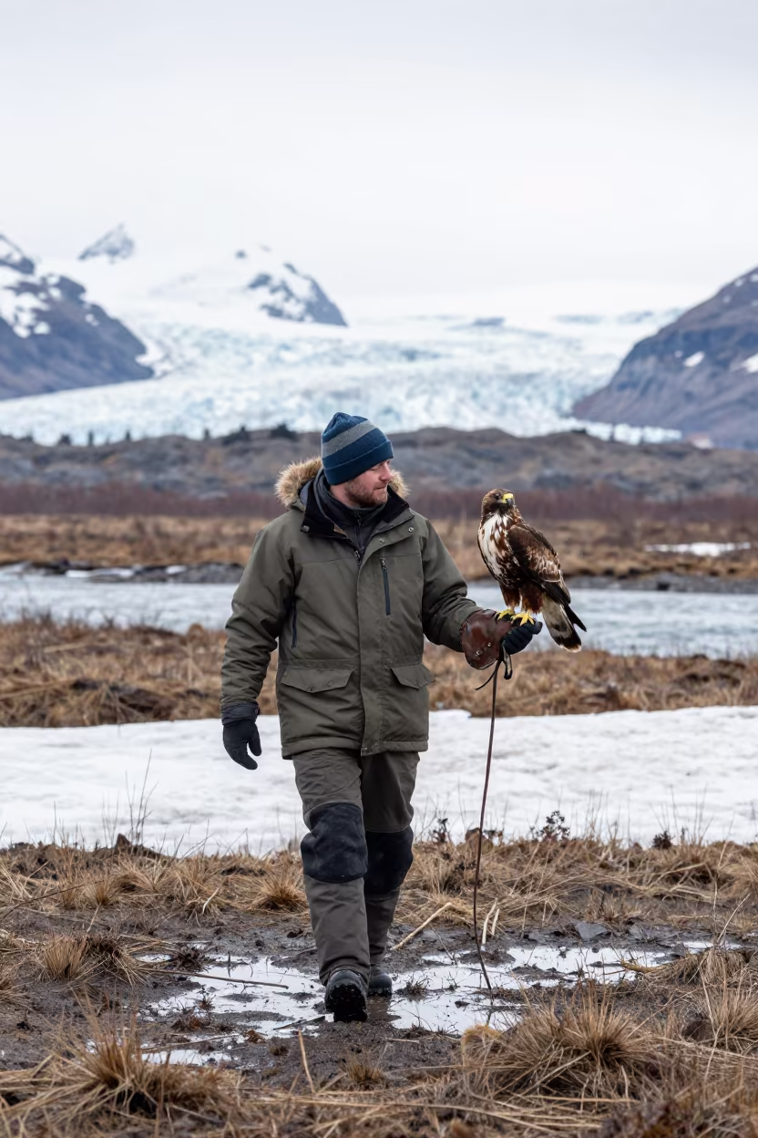 Falconer Walking Hawk Over Alaskan Stubble Field in above a glacial stream in Alaska