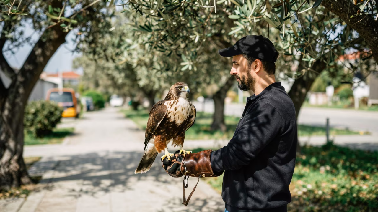 Falconer with Hawk in Izmir Dappled Light in near Izmir