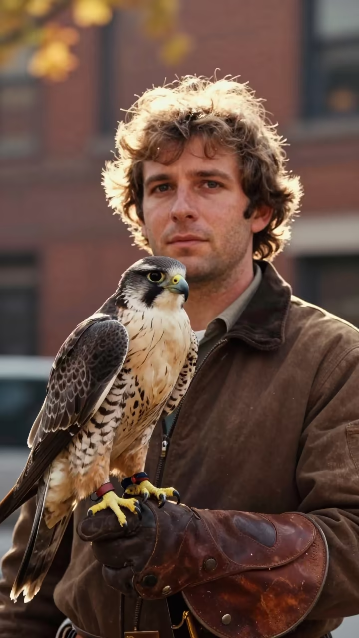 Falconry Master Goshawk New York Golden Hour in in the old quarter in New York