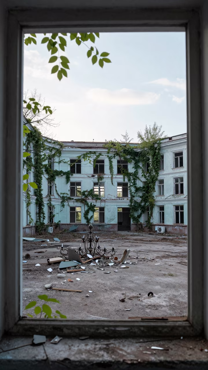 Fallen Chandeliers in Vladivostok Hotel Ballroom in along a vine-choked corridor near Vladivostok