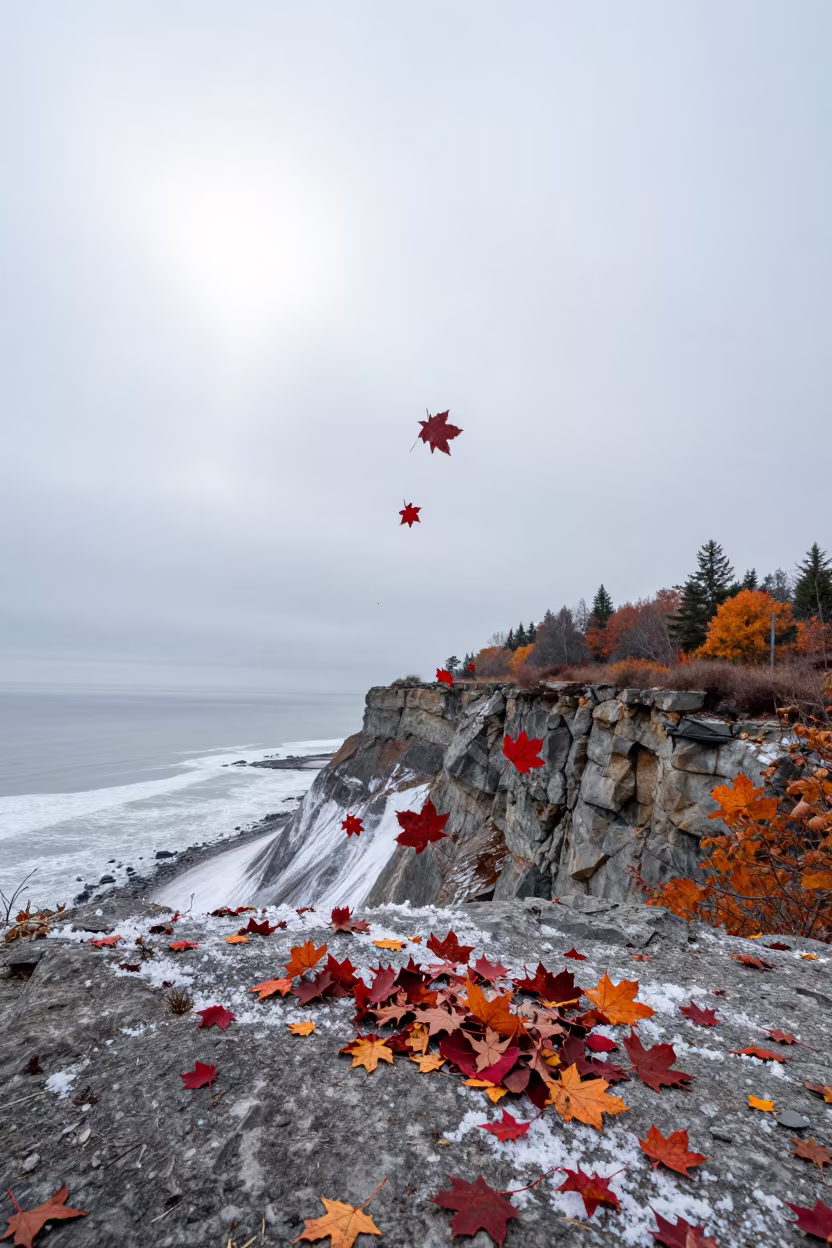 Falling Maple Leaves on Idaho Salt Cliff in along a salt-sprayed cliff edge in Idaho