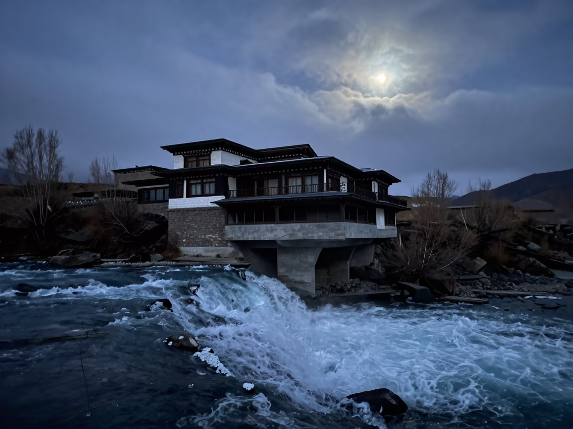 Fallingwater House Over Lhasa Waterfall at Predawn in near Lhasa