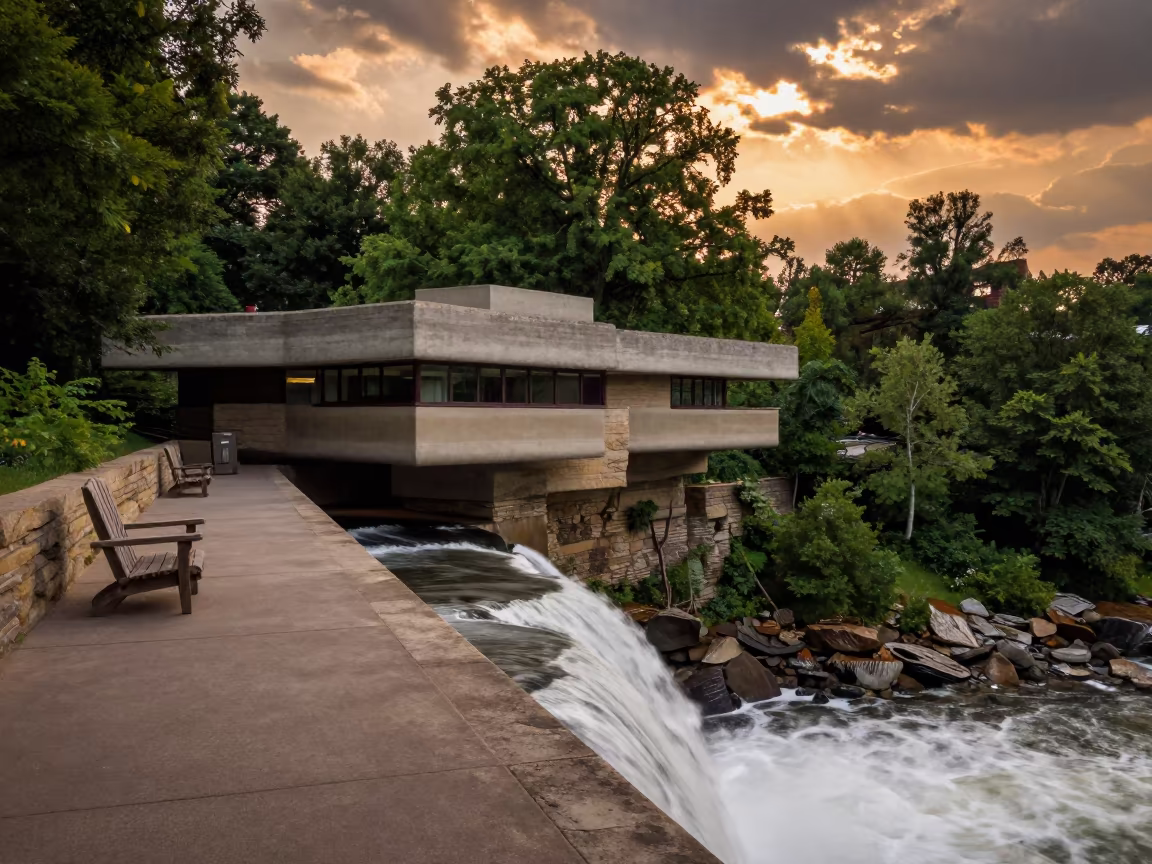Fallingwater House Sunset Amber Light Over Waterfall in near Pittsburgh