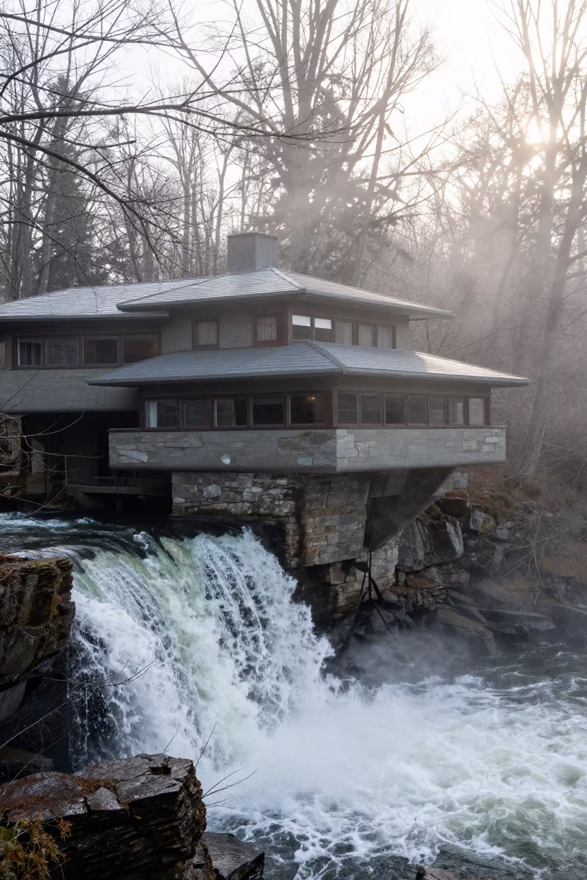 Fallingwater House Winter Mist Morning Light in in United States