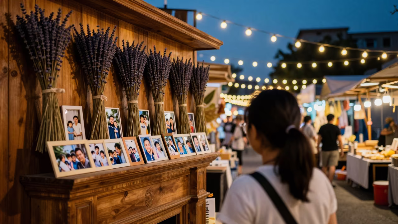 Family Photos and Dried Lavender on Wuhan Mantel in along a market lane in Wuhan