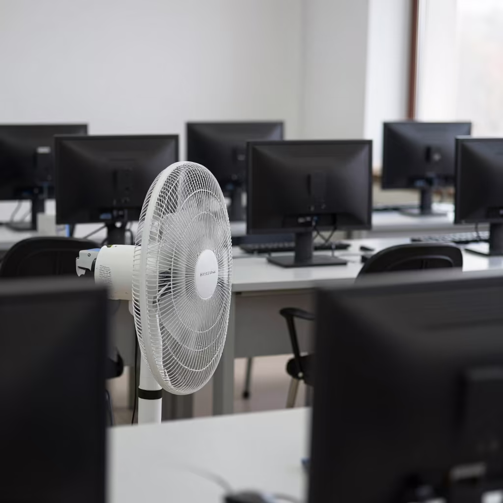 Fan and Monitors in Khujand Art Classroom in inside an art classroom near Khujand