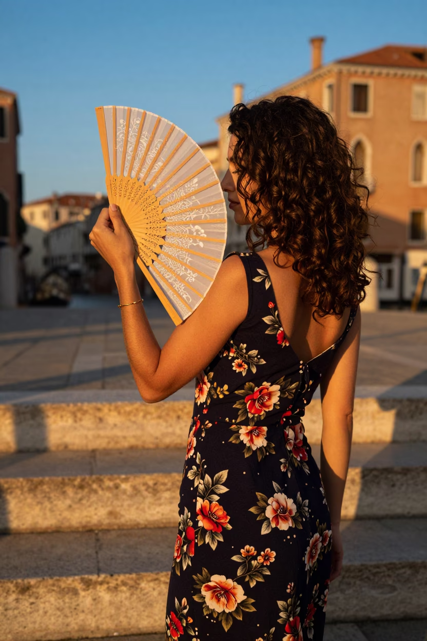 Fan Held in Venice at Honeyed Evening Light in in Venice, Italy
