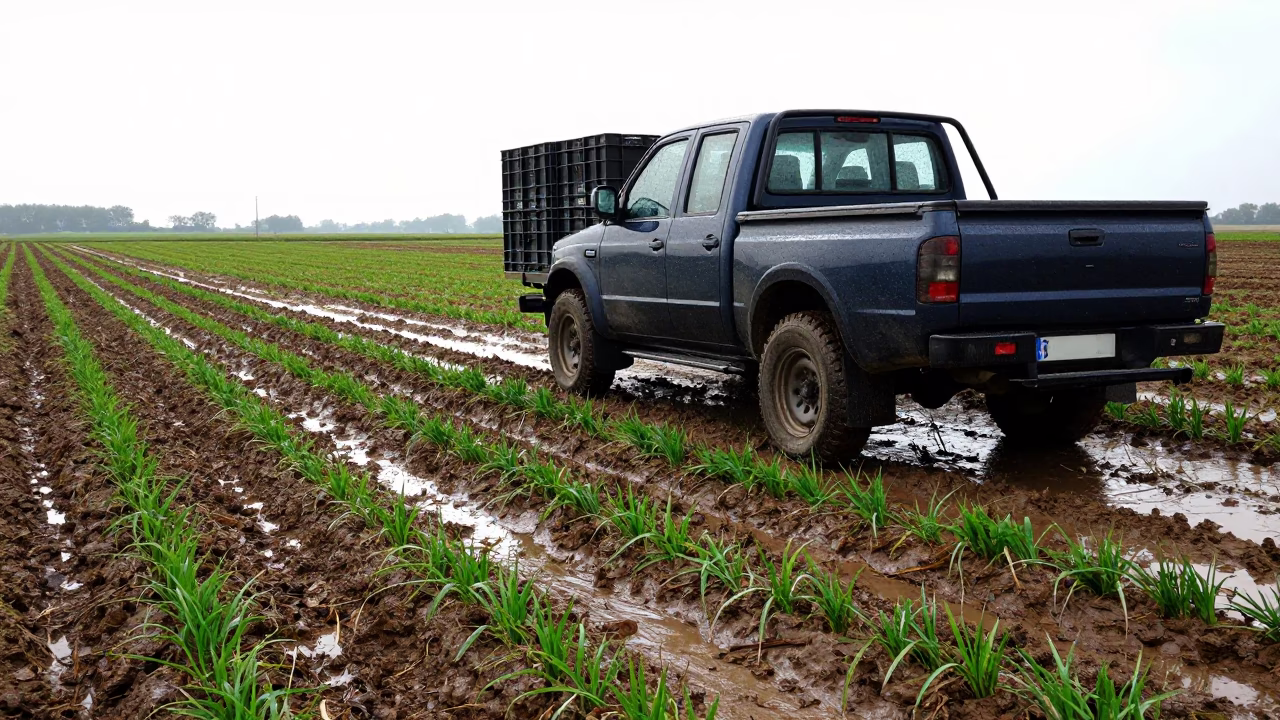Farm Pickup Beside Muddy Crates Luxembourg Rain in along freshly irrigated rows in Luxembourg