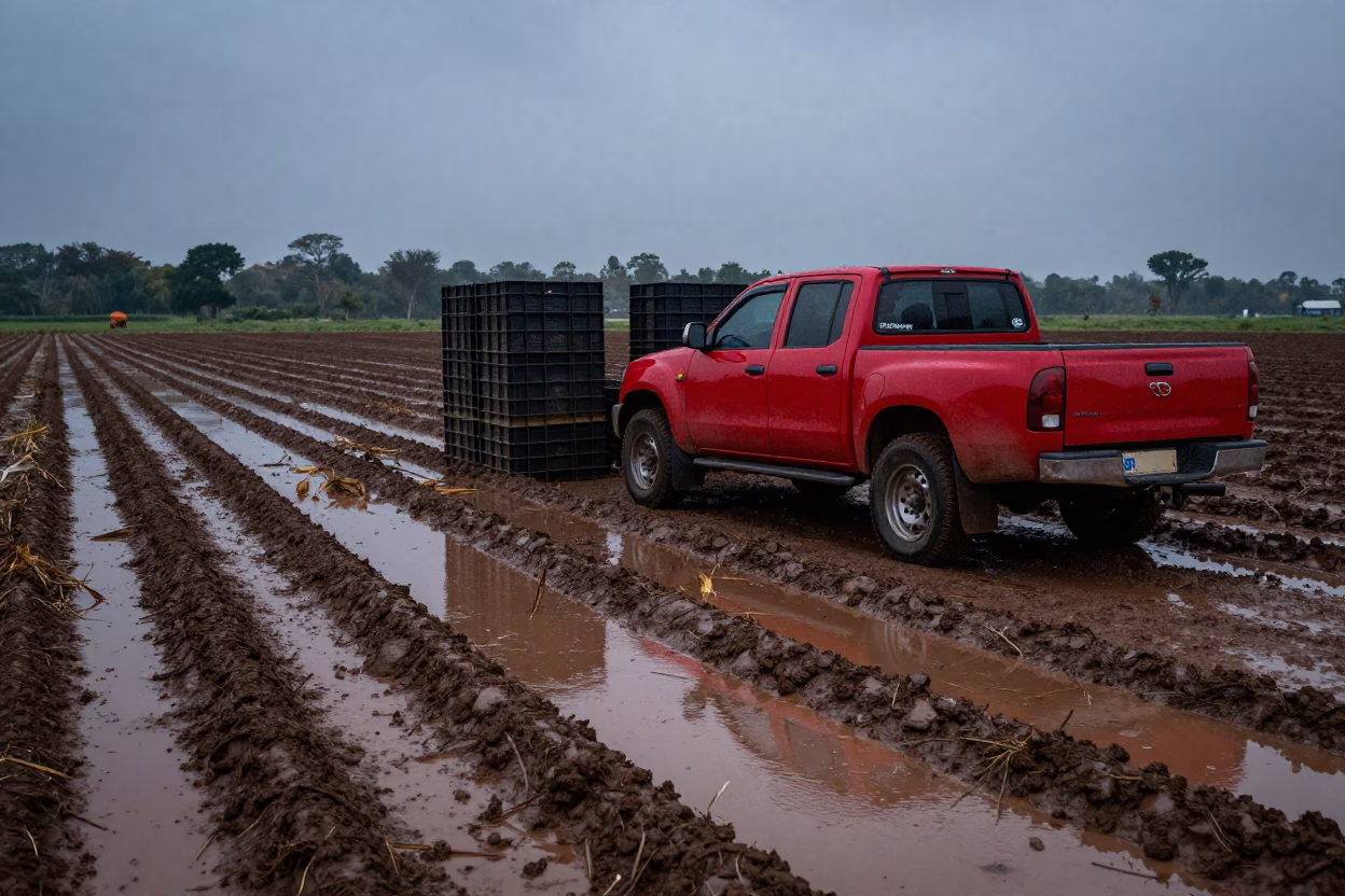 Farm Pickup Beside Muddy Harvest Crates After Rain in along freshly irrigated rows in Cameroon