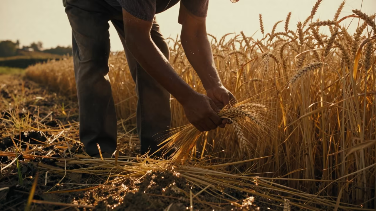 Farmer Harvesting Wheat on Hillside at Golden Hour in on a hillside near Aba