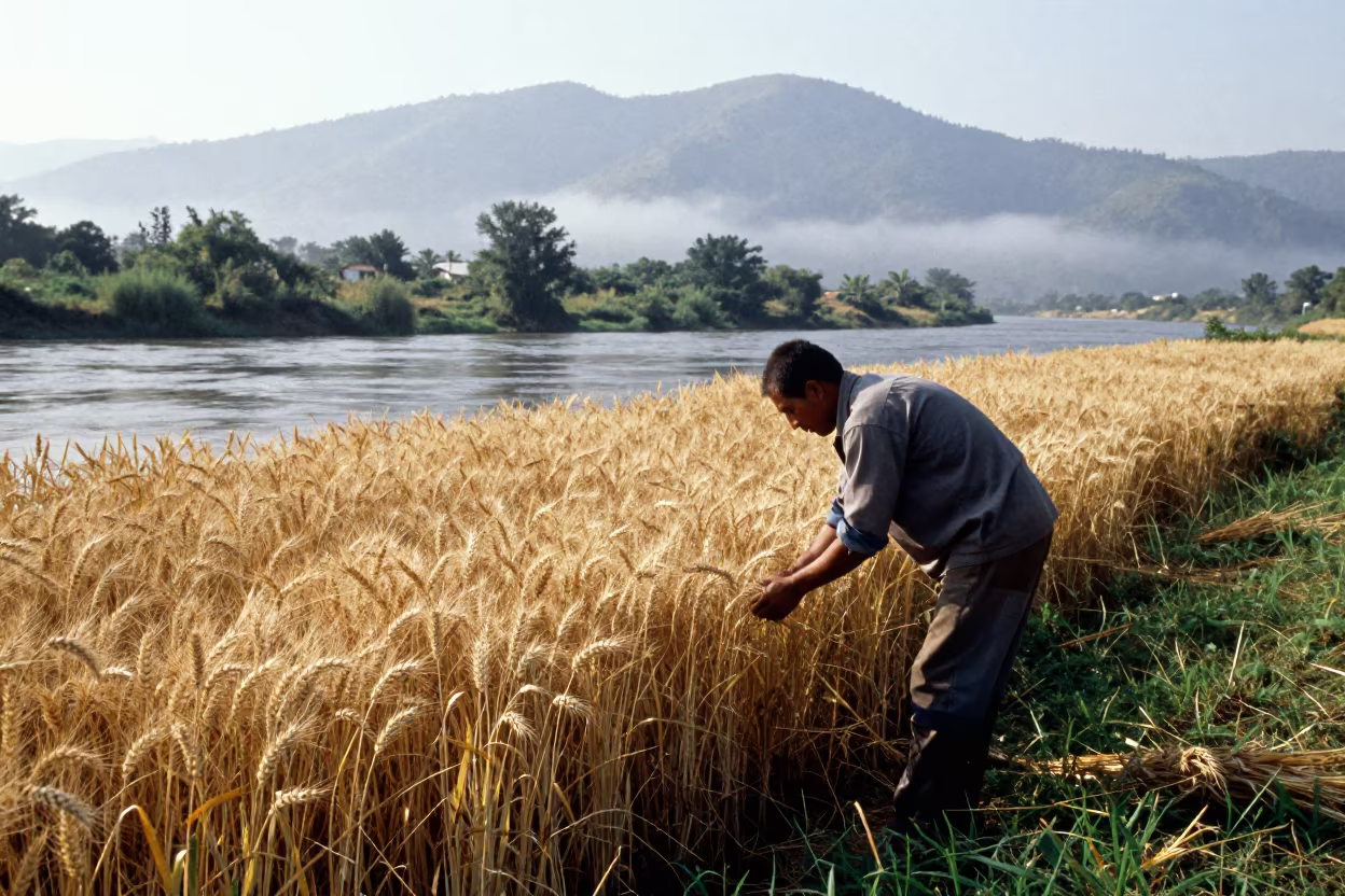 Farmer Harvesting Wheat Near Riverbank Campeche in by a riverbank near Campeche
