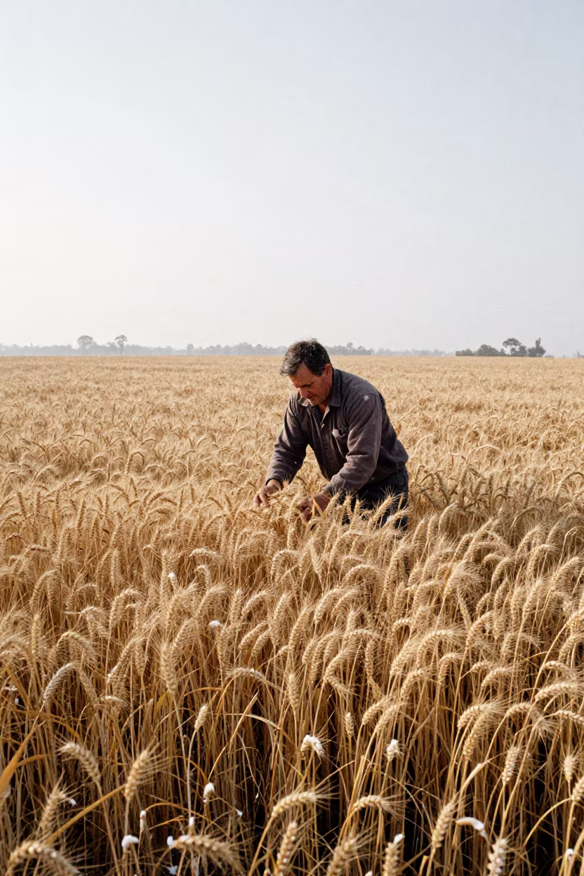 Farmer Harvesting Wheat in Winter Snow Near Algiers in near open fields near Algiers