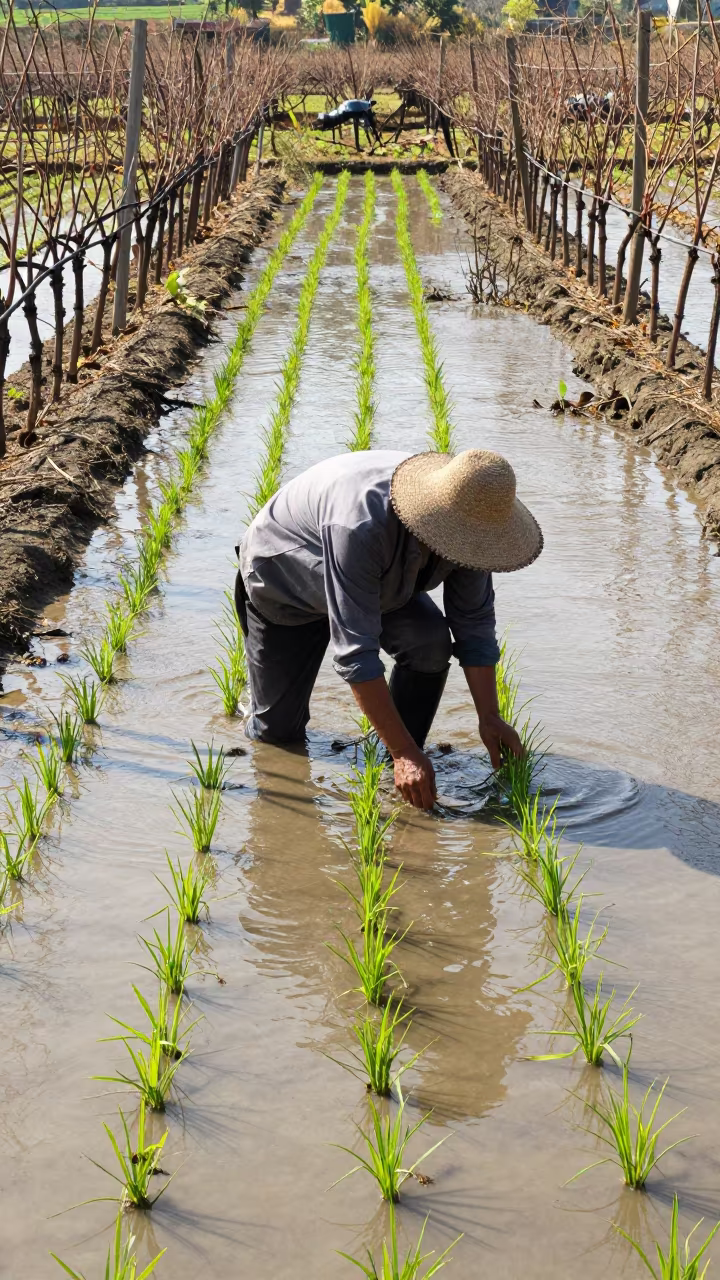 Farmer Planting Rice Amidst Autumn Vineyard Rain in between vineyard trellises near Hefei