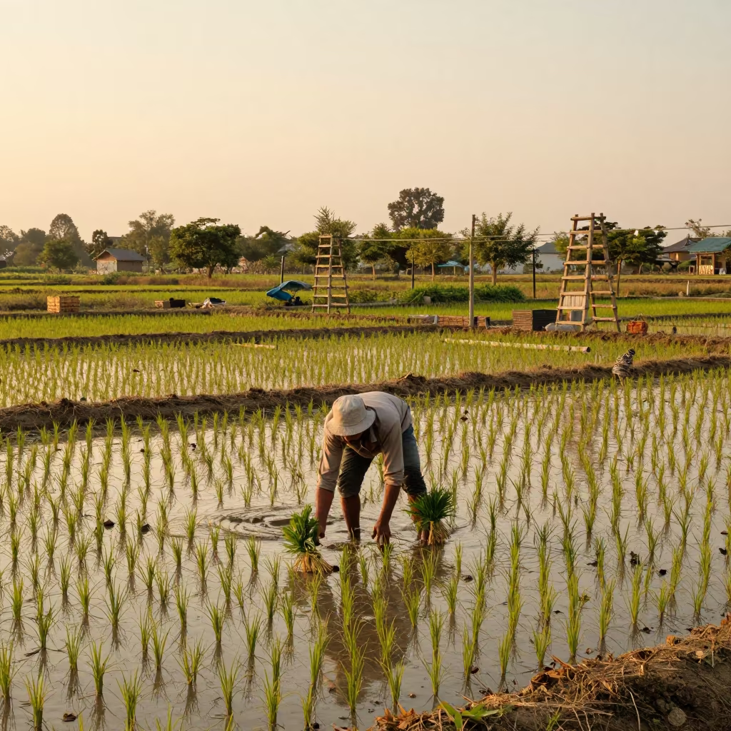 Farmer Planting Rice in Golden Hour Paddy in among orchard ladders and crates in Himachal Pradesh
