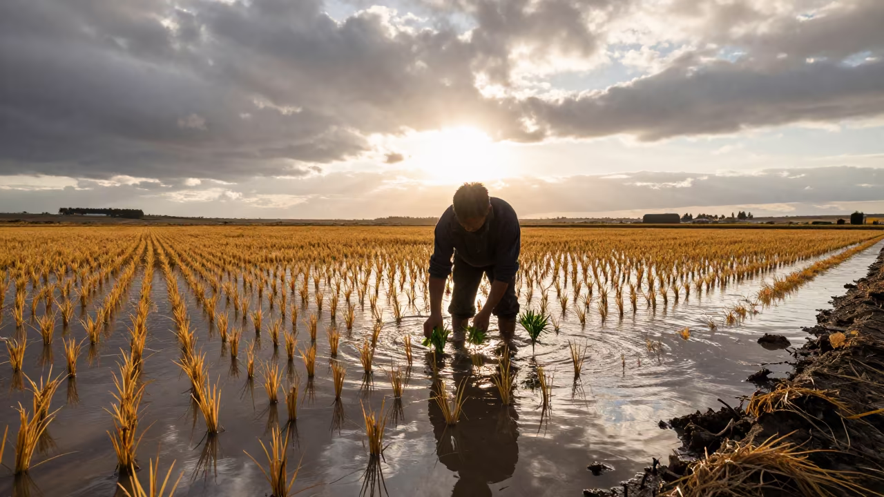 Farmer Planting Rice in Idaho Paddy at Sunset in across a harvested grain field in Idaho