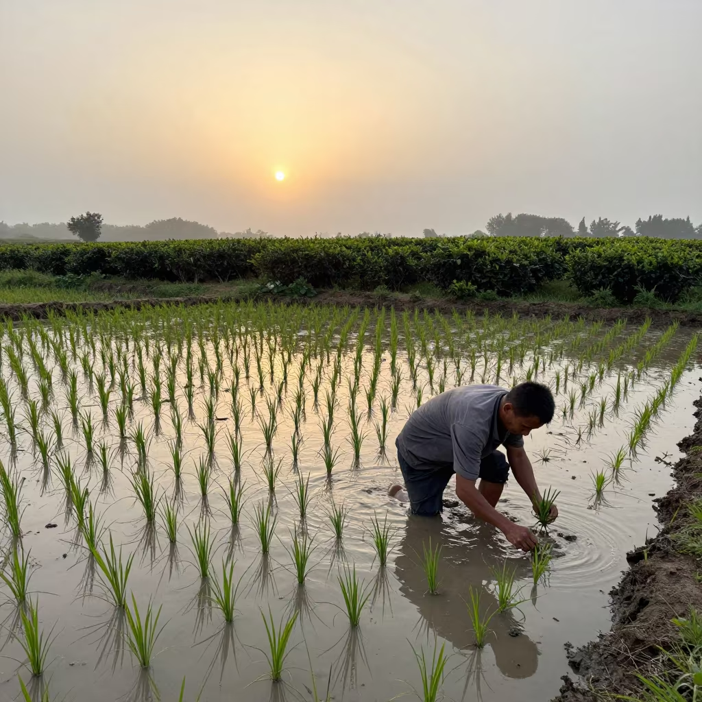 Farmer Planting Rice in Moldovan Tea Paddy in at the edge of a tea plantation in Moldova
