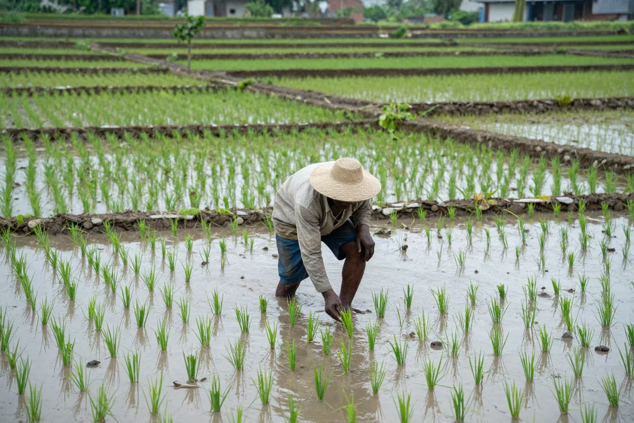 Farmer Planting Rice Seedlings in Comoros Paddy in among terraced rice paddies in Comoros