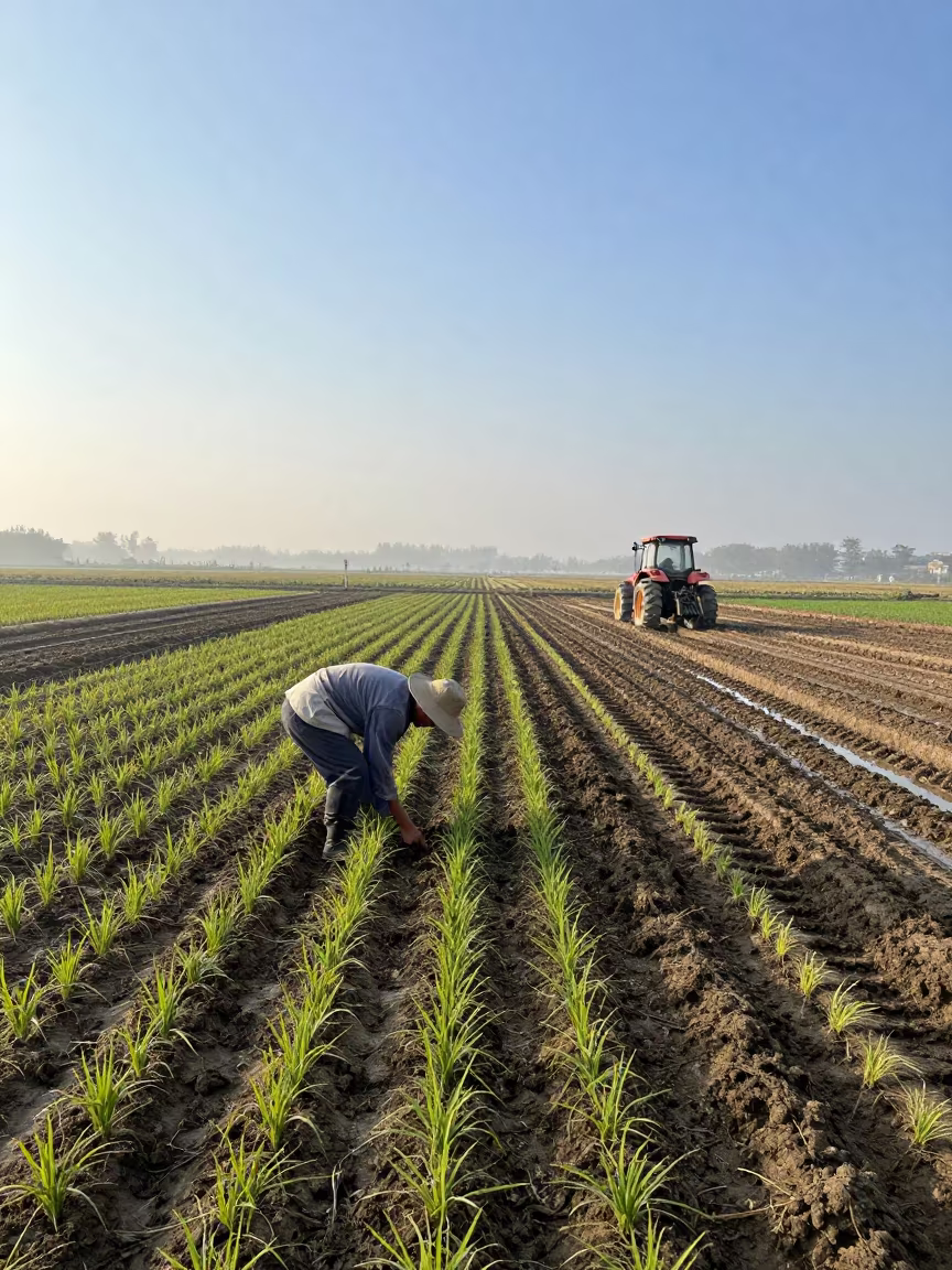 Farmer Planting Rice Seedlings in Misty Hefei Dawn in beside a tractor track through dark soil in Hefei