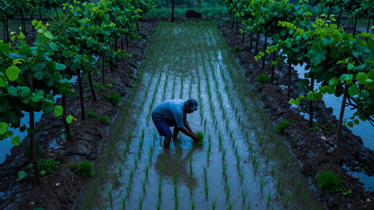 Farmer Planting Rice in Thanjavur Paddy at Dusk in between vineyard trellises in Thanjavur