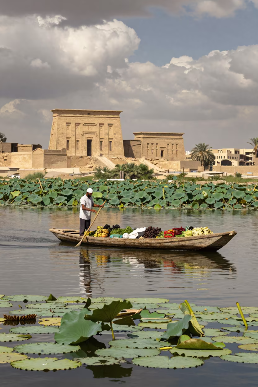 Farmer Rowing Produce Through Lotus Pads at Cairo Market in at a market stall in City of the Dead, Cairo