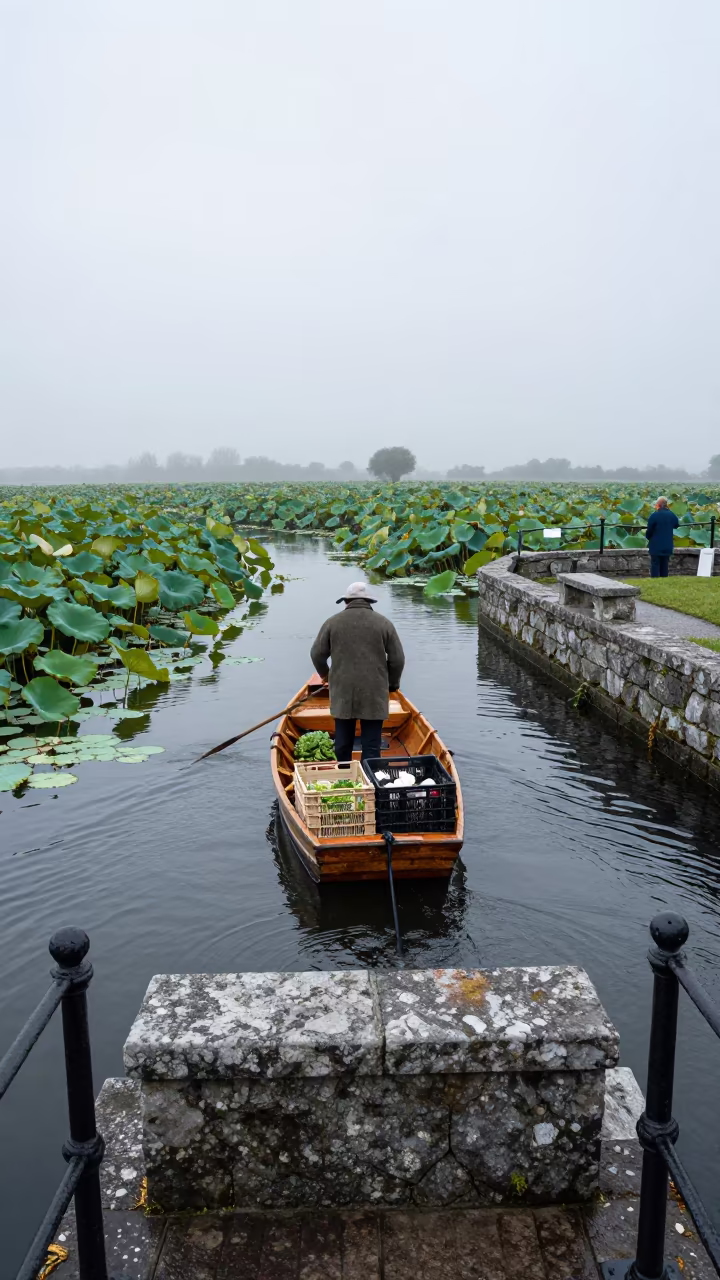 Farmer Rowing Produce Through Lotus Pads at Limerick Market in at a flower auction bench in Limerick