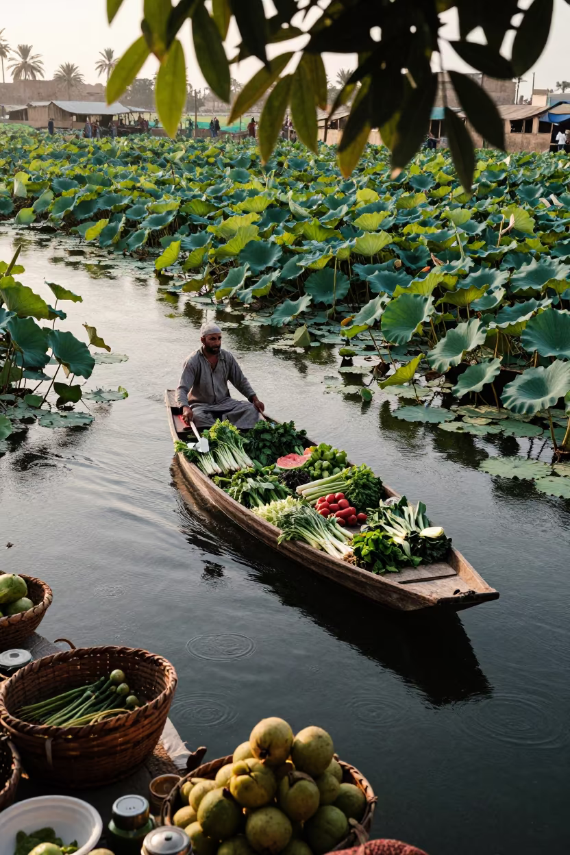 Farmer Rows Produce Through Lotus Pads in at a market stall in Damietta