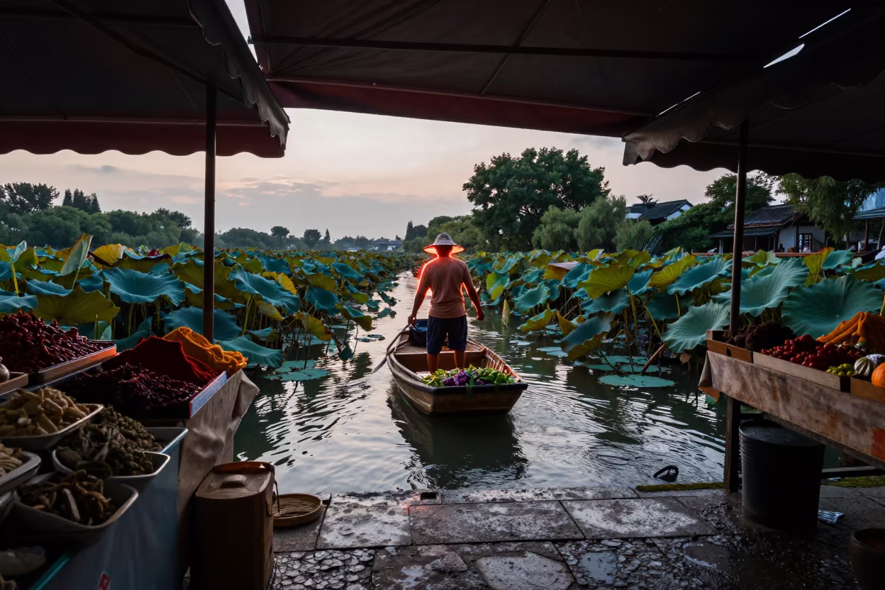 Silhouette Farmer Rows Produce Through Lotus Pads in at a spice vendor's table in Suzhou