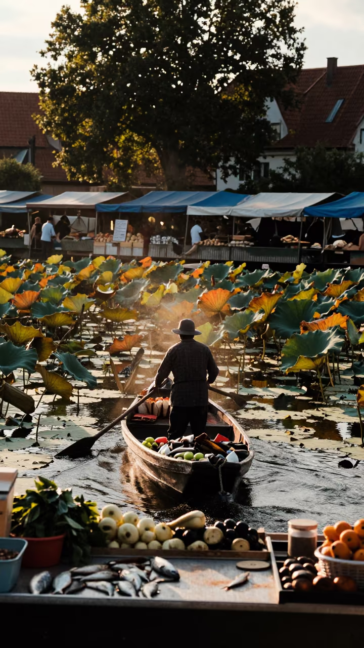 Farmer Rows Produce Past Fish Counter in beside a fish counter in Elbląg