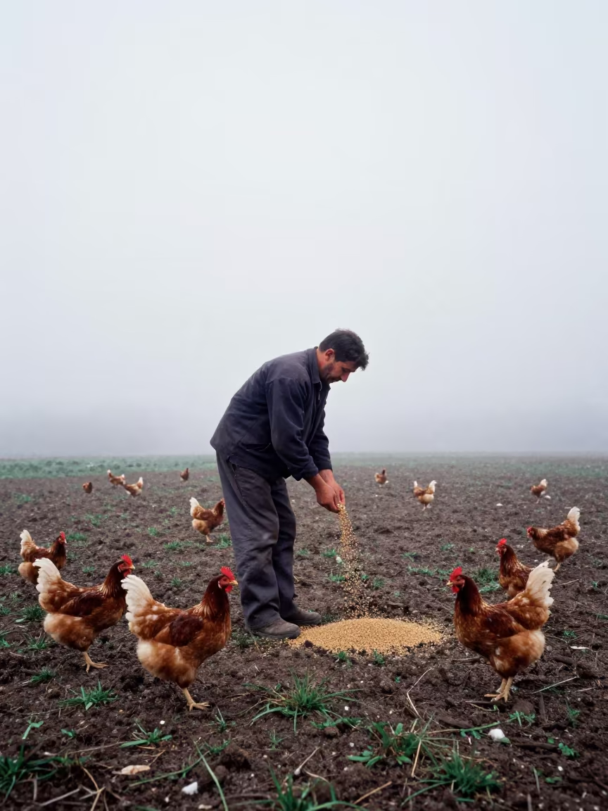 Farmer Scattering Grain for Chickens in Dawn Mist in near open fields near Beirut