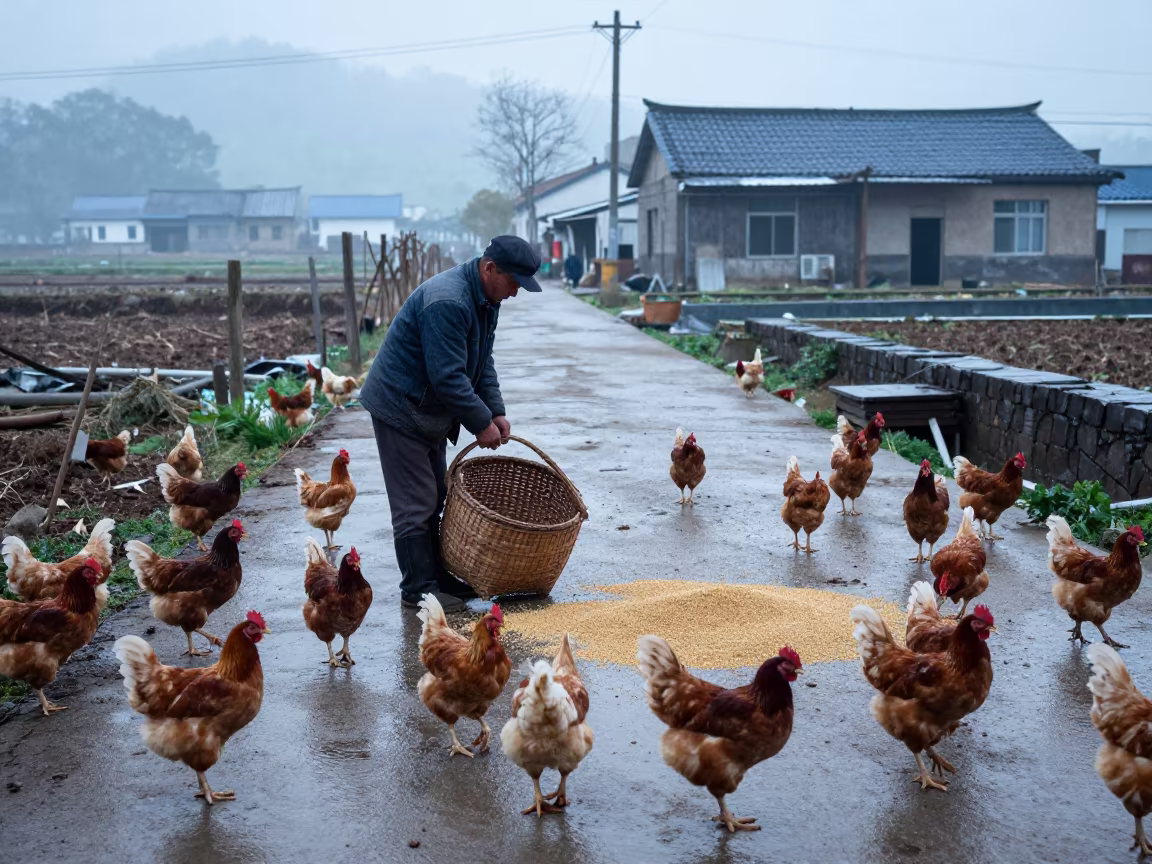 Farmer Scattering Grain for Chickens in Dawn in in a village lane near Taoyuan County