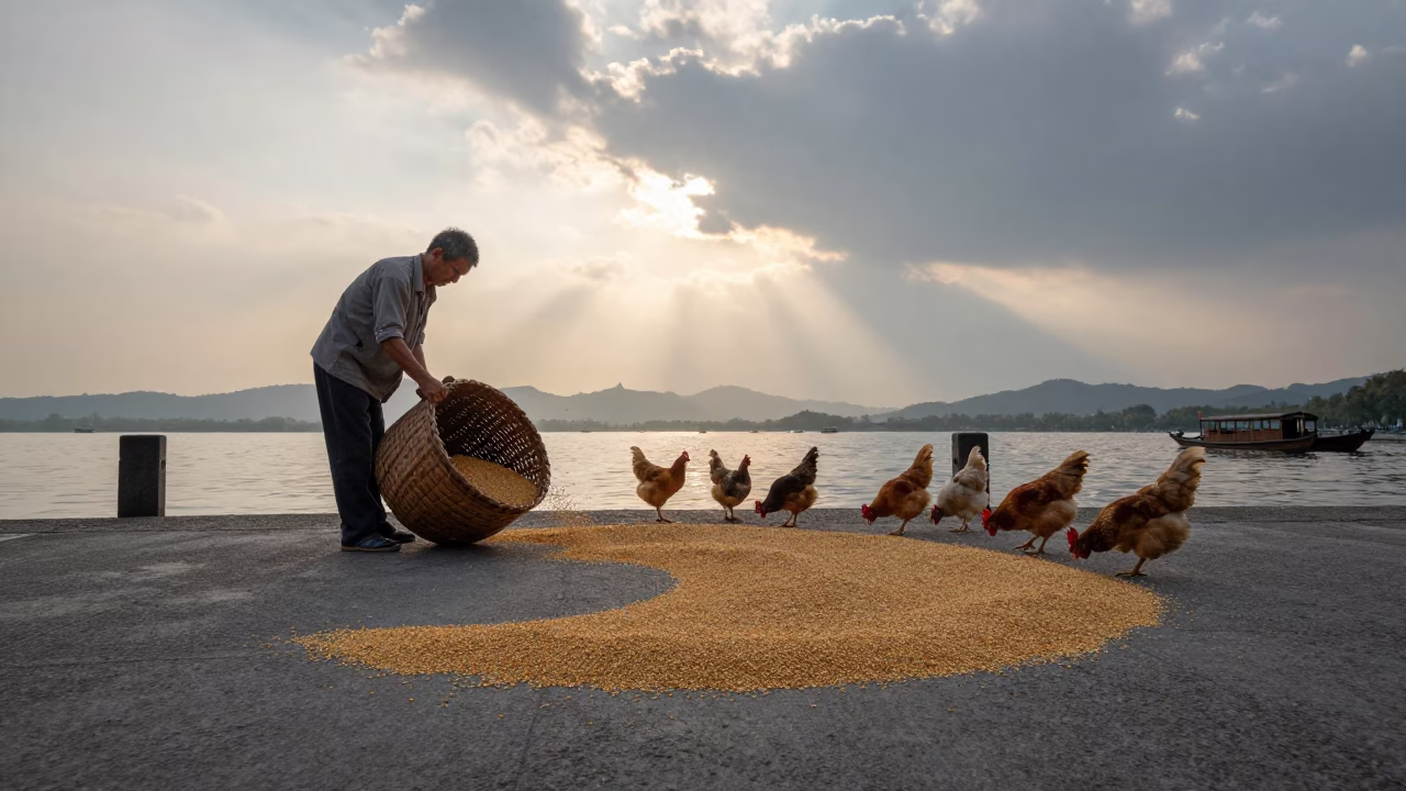 Farmer Scattering Grain at Dawn Harbor in at a harbor quay near Hangzhou