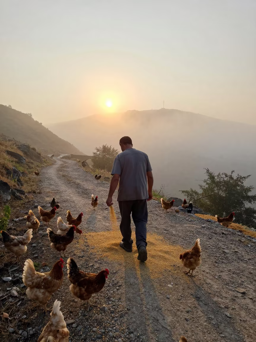 Farmer Scattering Grain on Misty Mountain Path in on a mountain path near Istanbul
