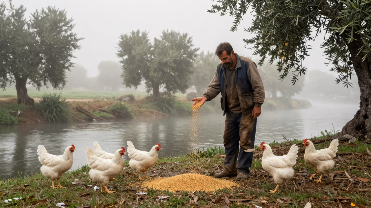 Farmer Scattering Grain by Misty Riverbank in by a riverbank near Malaga