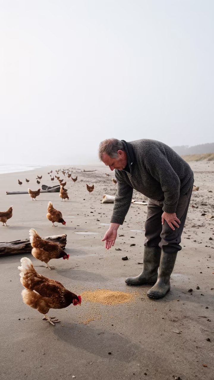 Farmer Scatters Grain for Chickens at Dawn in along a beach near Hamilton