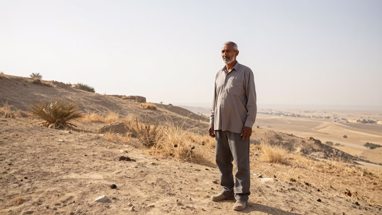 Farmer with Sun-Creased Eyes on Jizan Hillside in on a hillside near Jizan
